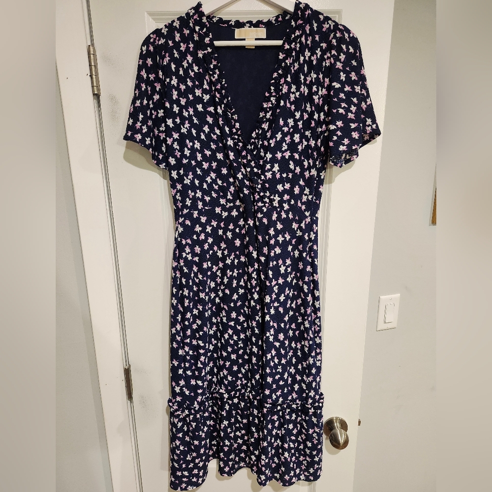 Michael Kors Womens Navy Blue Floral Short Sleeve Midi Dress Size Medium